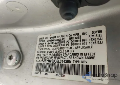 2006 Honda Element Lx из США, поврежденный, VIN 5J6YH28336LO14305